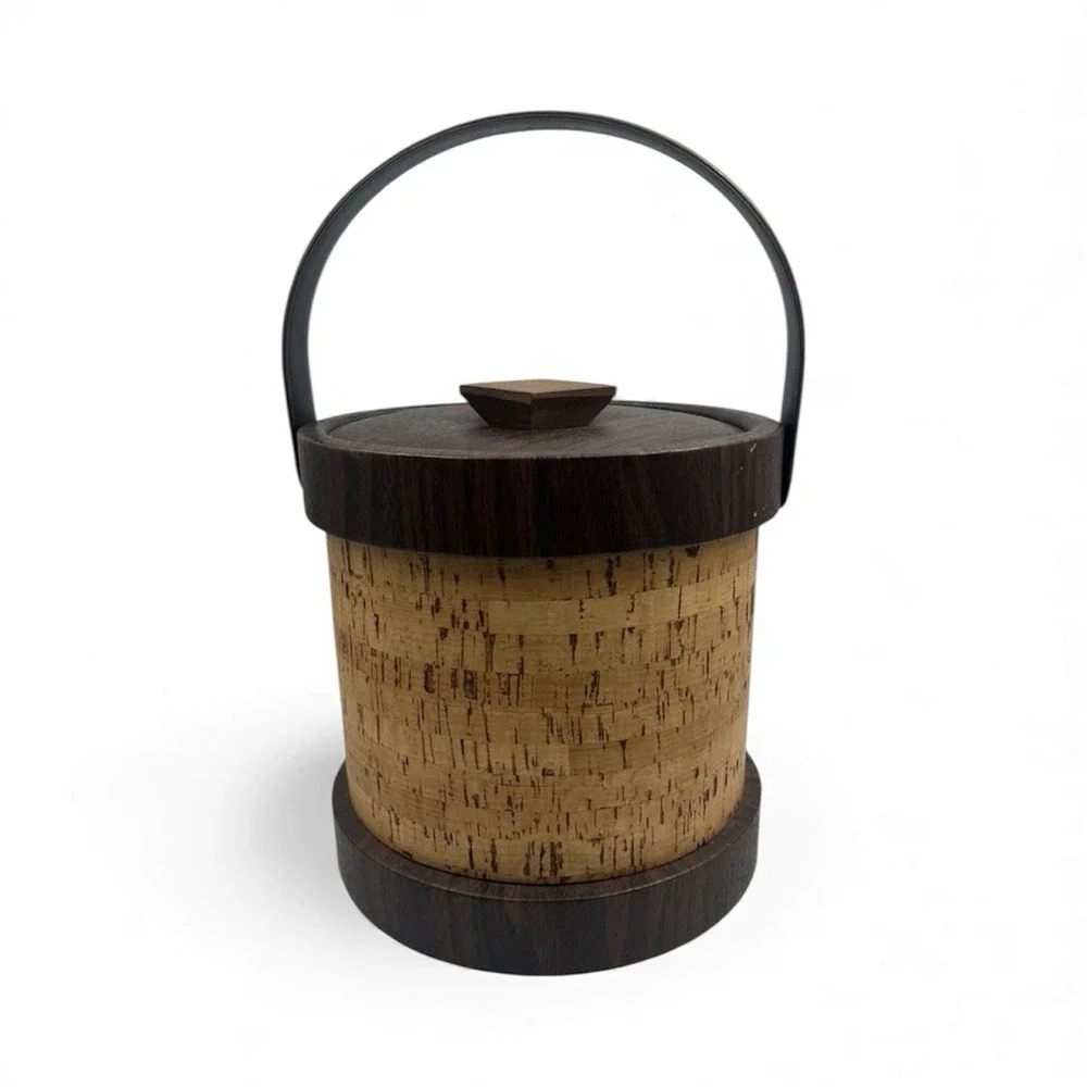 Vintage 1970s Cork Ice Bucket Faux Wood Grain MCM Barware Retro Decor